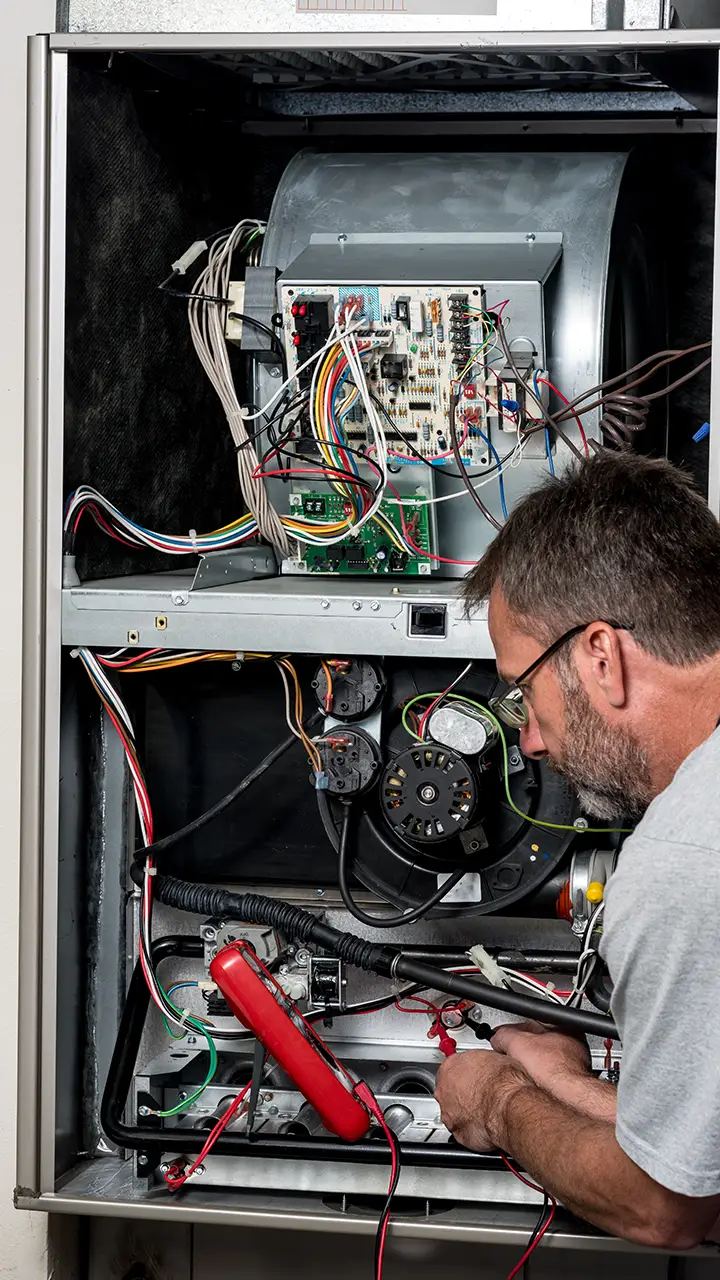repair technician checking amperage draw on heater | furnace repair near me | Fairhope HVAC Repair