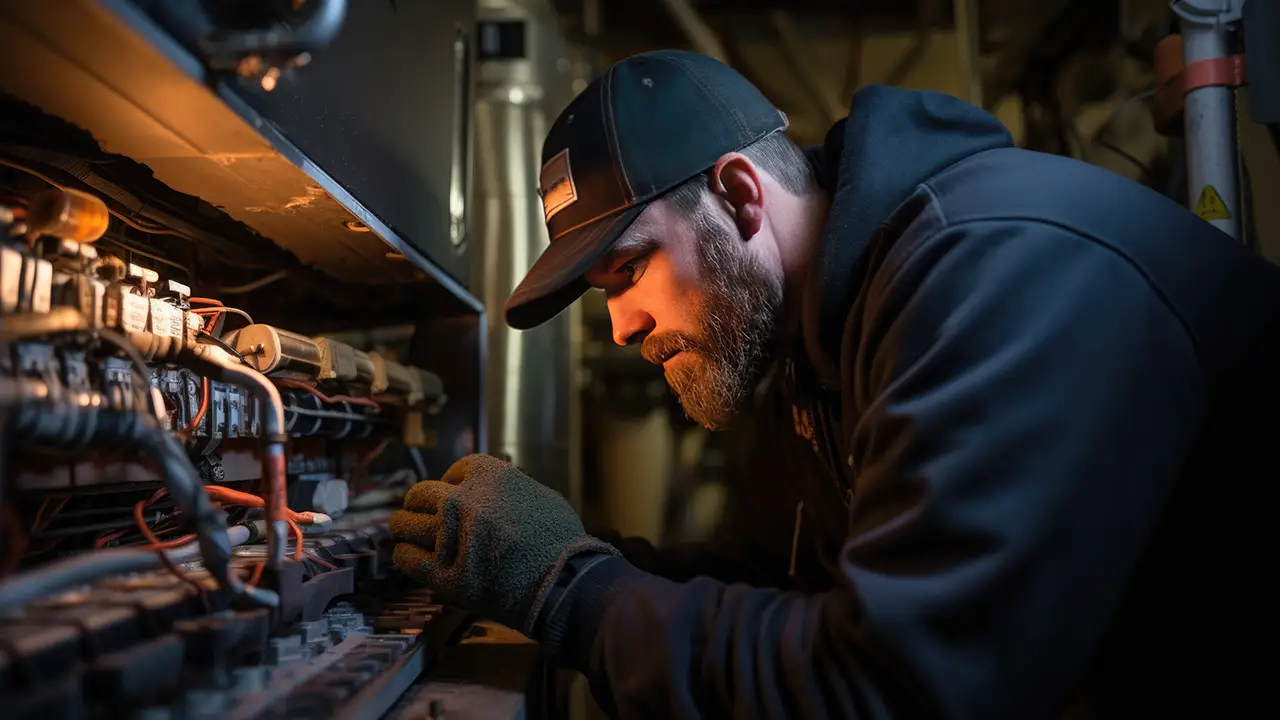 Furnace Repair technician working heater repair in low light | Fairhope HVAC Repair