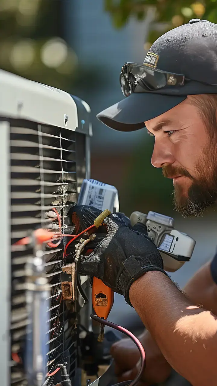 Bearded HVAC technician performing air conditioning repair on outdoor unit | Fairhope HVAC repair