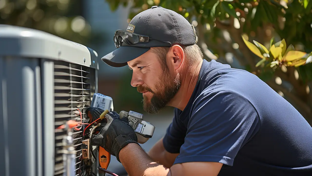 Bearded HVAC technician replacing component on outdoor AC unit | Fairhope HVAC Repair