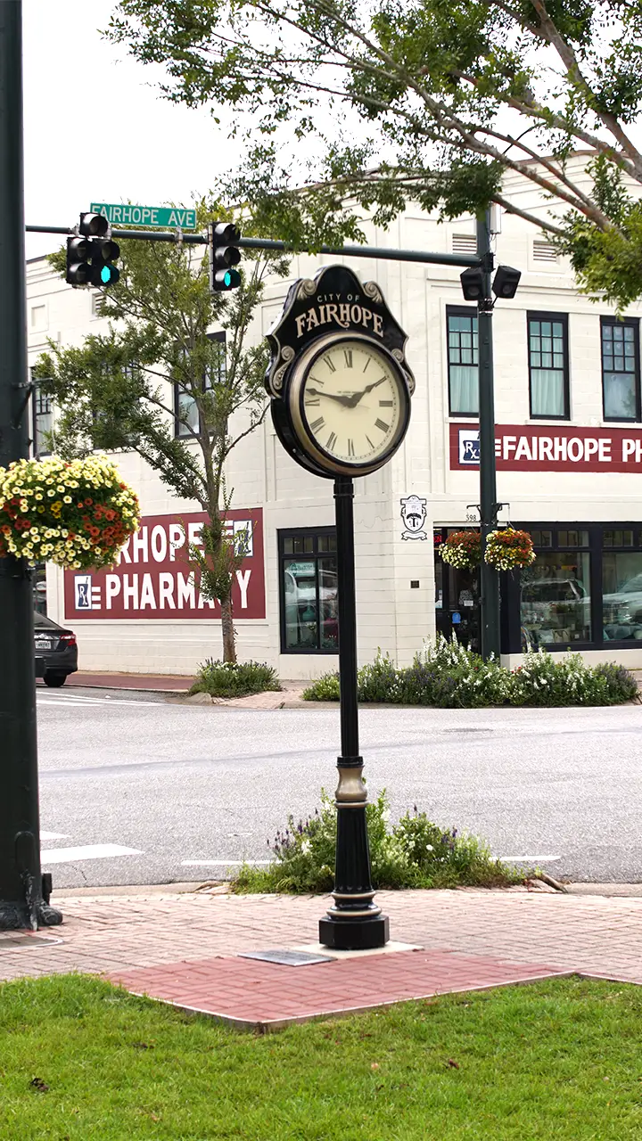 Downtown Fairhope Clock with Fairhope Pharmacy in the background | Fairhope HVAC Repair